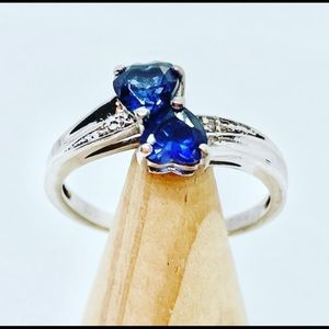 Blue Sapphire Double Heart & Diamond Sterling Silver Sz 7. September birthstone